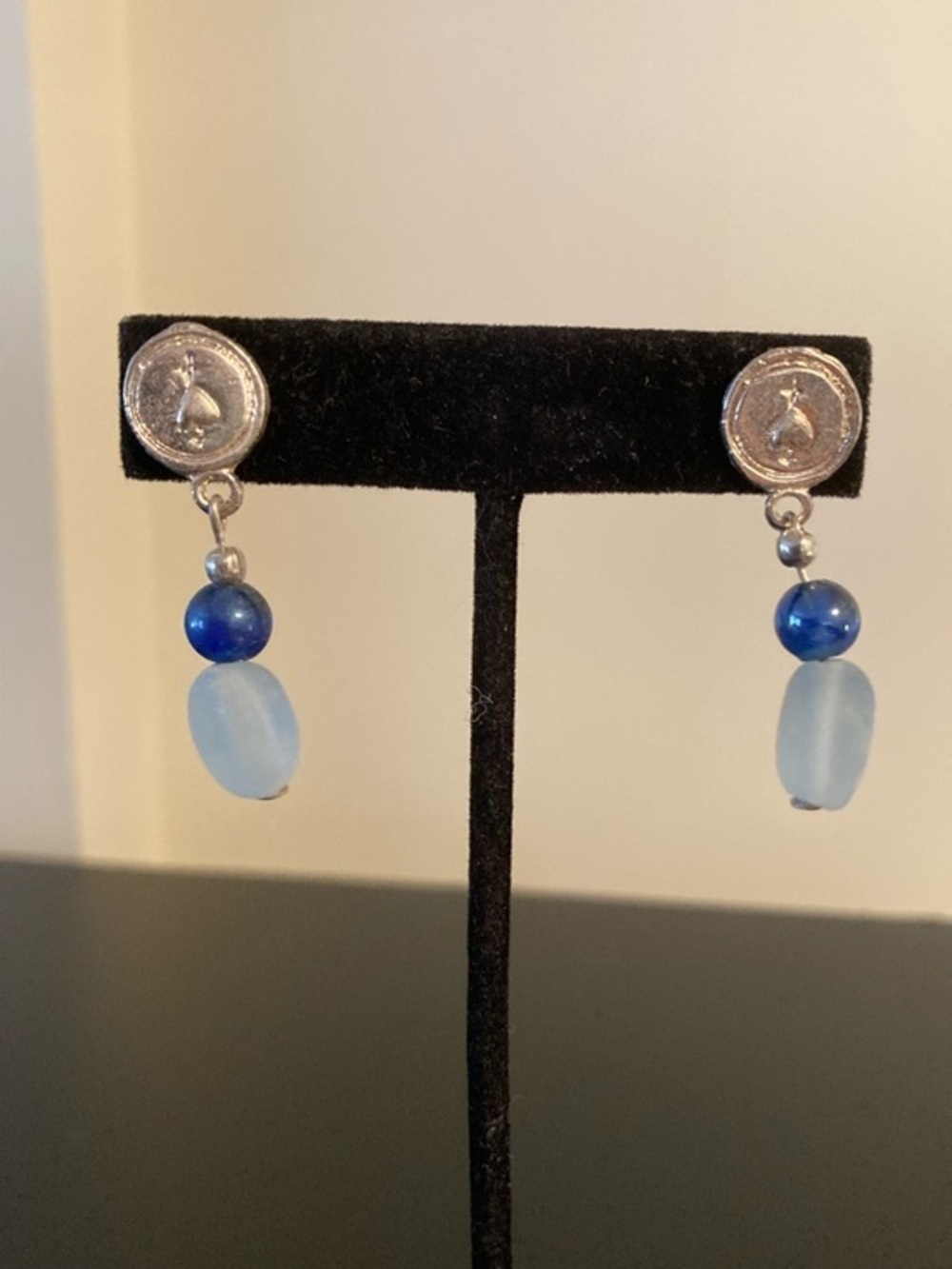 Handmade Blue Bead Drop Earrings - Silver Tone